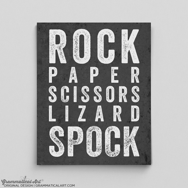 May include: Black and white graphic print with the text "ROCK PAPER SCISSORS LIZARD SPOCK" in a distressed font.