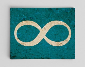 May include: A white infinity symbol on a teal blue background with a textured, distressed look.