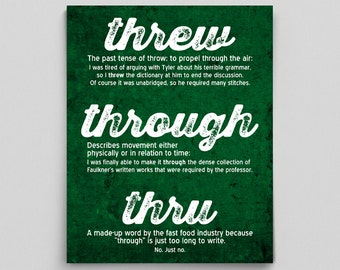 Through Threw Thru Definitions Grammar Poster English Teacher Gifts for Teachers Editor Copywriter Writer Gift Typographic Print Typography