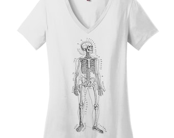 Skeleton V Neck Tee Womens Shirt Nerdy Shirt Science Teacher Gift Teacher Shirts Scientist Shirt College Student Gift Anatomy Drawing Shirt