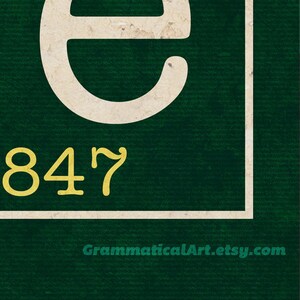 May include: A green background with a white border and a large, off-white letter "e" at the top. Below the letter is the number "847" in gold. The text "GrammaticalArt.etsy.com" is at the bottom.