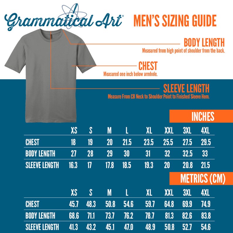 May include: A men's sizing guide chart with measurements in inches and centimeters for chest, body length, and sleeve length. The chart includes sizes from XS to 4XL.