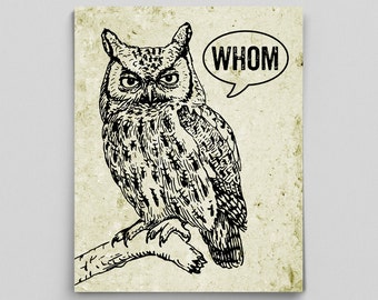 Owl Decor Typographic Print Grammar Whom Owl Vintage English Poster Teacher Gifts for Teachers Who Whom English Gifts Gag Gift Office Decor