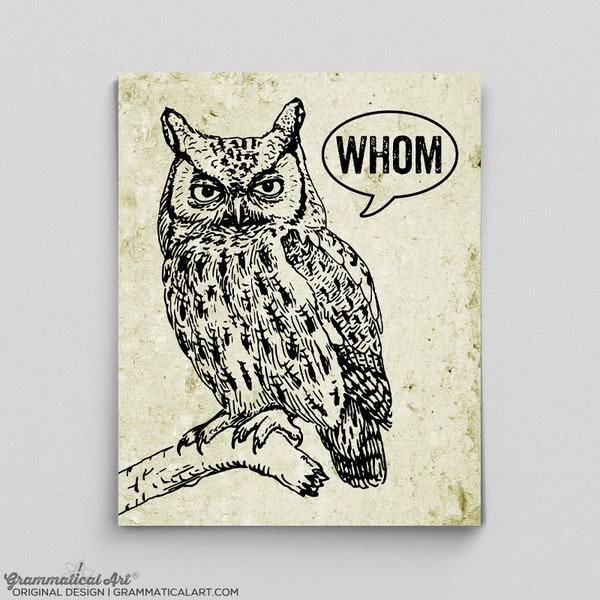 Owl Decor Typographic Print Grammar Whom Owl Vintage English Poster Teacher Gifts for Teachers Who Whom English Gifts Gag Gift Office Decor
