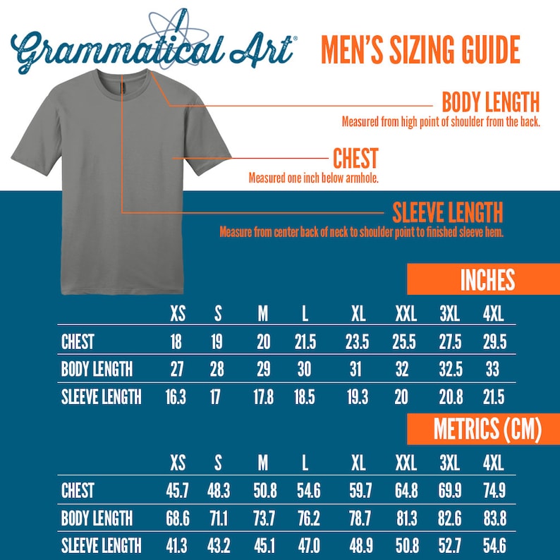 May include: A men's sizing guide chart with measurements in inches and centimeters for chest, body length, and sleeve length. The chart includes sizes from XS to 4XL.