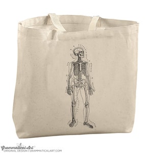 May include: A beige tote bag with a black and white anatomical illustration of a human skeleton on the front.