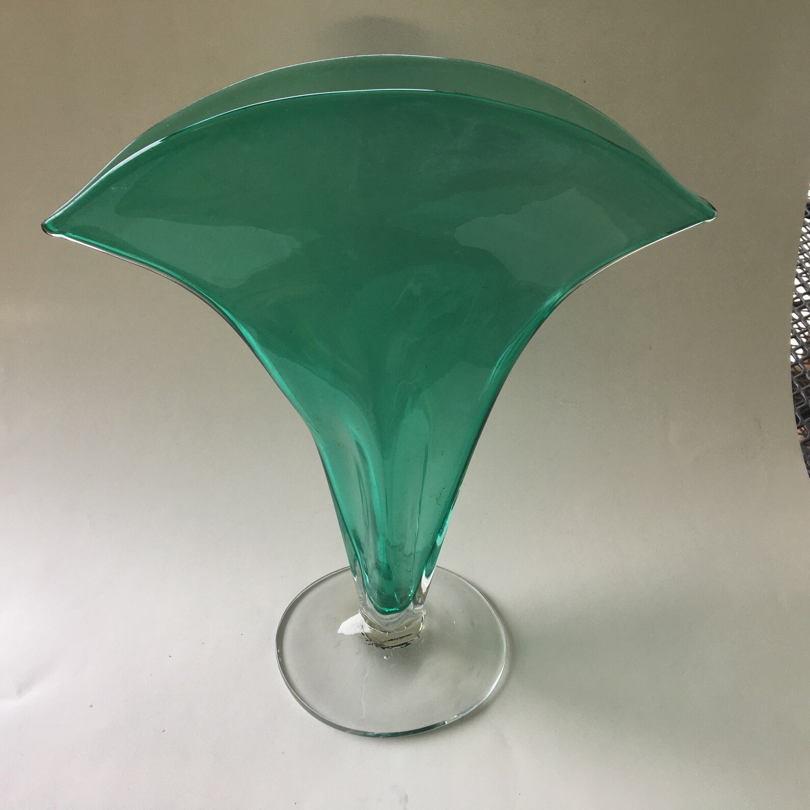 Vintage Blenko Green with clear base Fan shape Vase Hand Etsy