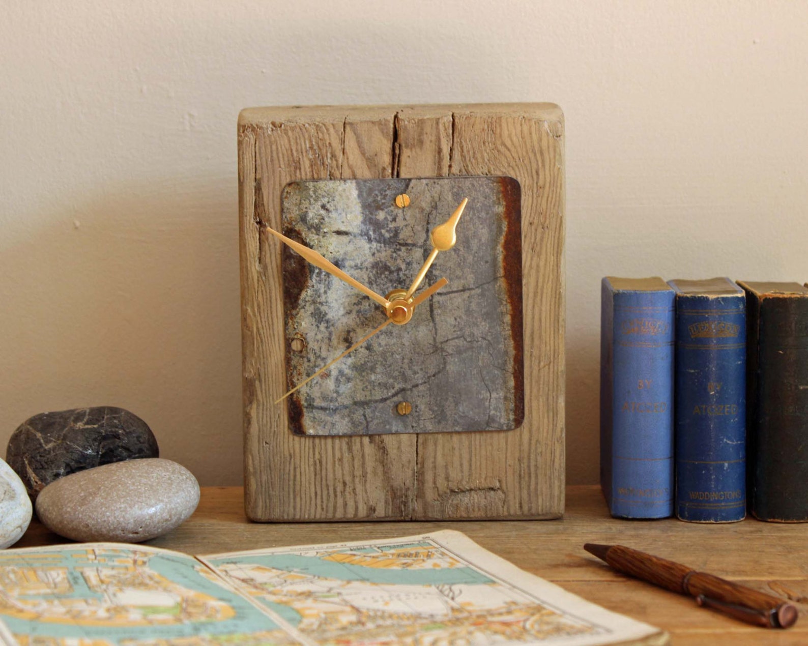 Driftwood Mantel Clock with Rusty Beach Metal Face Rustic Etsy
