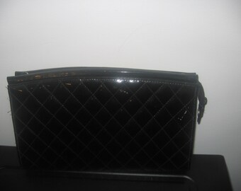 Vintage Genesis Black Patent Leather Quilted Clutch, Purse, Handbag