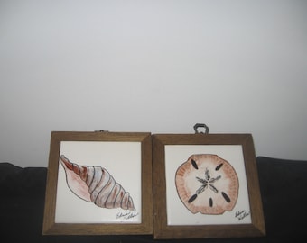 Vintage Painted Ceramic Tile Framed in Wood Decorative Wall Hanging