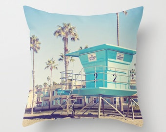 Retro Beach Pillow - Teal - Lifeguard Stand Pillow - Beautiful Ocean Pillow - Pretty Beach Pillow - Blue Pillow - California Throw Pillow