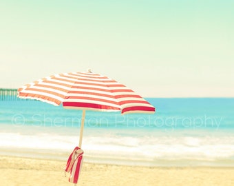 Ocean Photography - Beach Umbrella Photo - Vintage Photography - 8x10 8x8 10x10 11x14 12x12 20x20 16x20 - Fine Art Photography