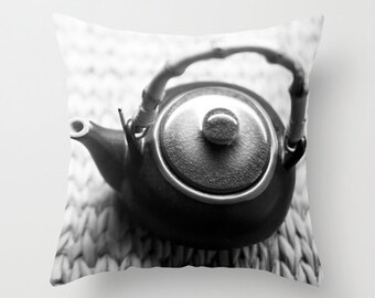 Tea Pot Pillow - Tea Pillow Case - Kitchen Pillow Cover - Black and White - 16x16 18x18 20x20 Pillow Cover