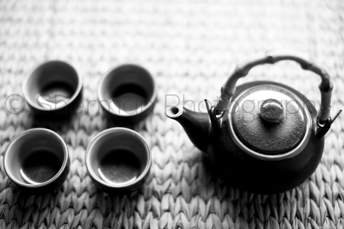 Tea Pot and Four Cups Black and White 8x10 8x8 10x10 11x14 12x12 20x20