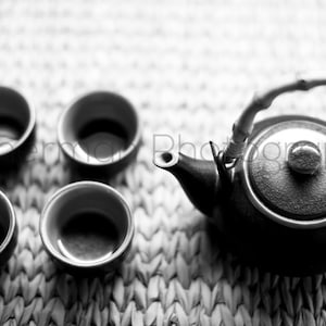 Tea Pot and Four Cups Black and White - 8x10 8x8 10x10 11x14 12x12 20x20 16x20 - Photography
