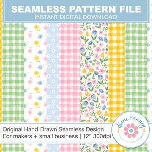 May include: A digital seamless pattern file with various designs, including gingham checks in yellow and green, and floral patterns with pink, blue, and yellow flowers. The text reads "SEAMLESS PATTERN FILE" and "INSTANT DIGITAL DOWNLOAD".