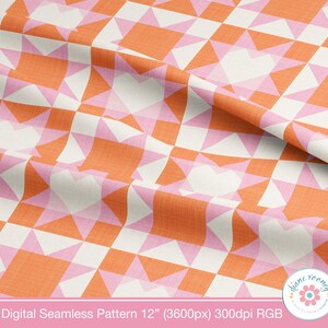 Western Patchwork Seamless Pattern für Stoff Herz Quilt Block Pink Orange Weiß Digital Download Bild 3