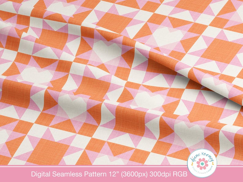 Western Patchwork Seamless Pattern für Stoff Herz Quilt Block Pink Orange Weiß Digital Download Bild 3