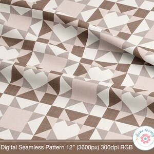 May include: Digital seamless pattern featuring a geometric design with brown, beige, and white shapes. The pattern includes squares, triangles, and heart-like shapes. The text "Digital Seamless Pattern 12" is visible.