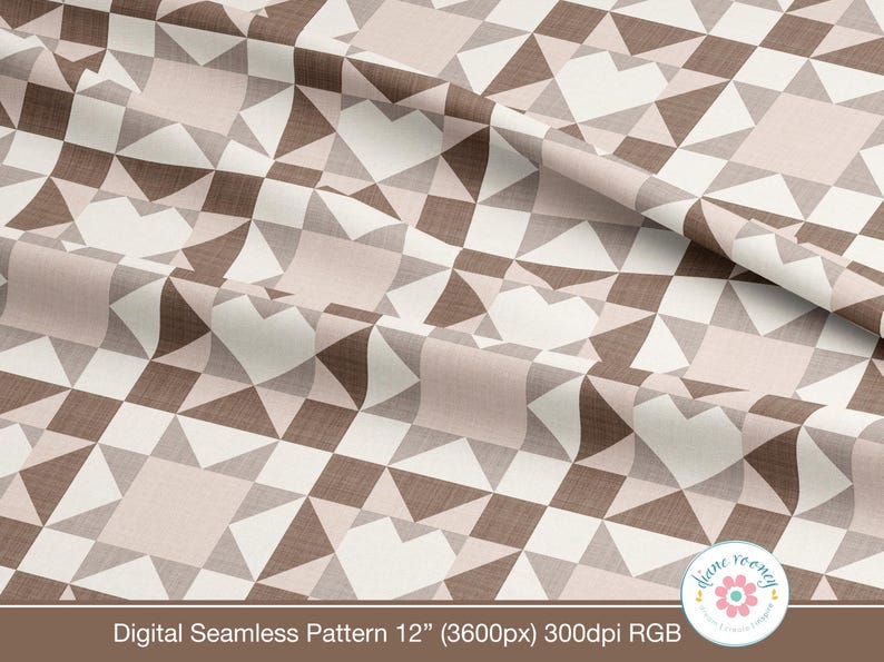 May include: Digital seamless pattern featuring a geometric design with brown, beige, and white shapes. The pattern includes squares, triangles, and heart-like shapes. The text "Digital Seamless Pattern 12" is visible.