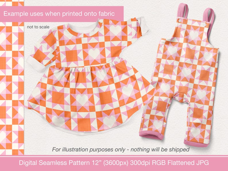 Western Patchwork Seamless Pattern für Stoff Herz Quilt Block Pink Orange Weiß Digital Download Bild 4