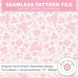 May include: A seamless pattern featuring pink hand-drawn illustrations of beach and summer-themed objects, including seashells, sandcastles, starfish, beach balls, and seagulls. The pattern is on a white background and is 12 inches wide at 300 dpi.