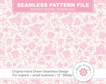 Strand Toile Musterdesign Sandburgen Wasserball Nahtlose Datei für Stoff Sommer Spaß digitaler Download Rosa Strand Tag Muster wiederholen