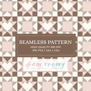 Può includere: Un design a motivo continuo con un motivo geometrico ripetuto di cuori e triangoli nei toni del marrone, beige e bianco. Il design include il testo "SEAMLESS PATTERN" ed è di 30,48 cm x 30,48 cm.