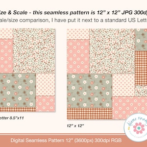 K&ouml;nnte beinhalten: Ein nahtloses digitales Muster mit einem Patchwork-Design aus Blumen-, Vichy- und geometrischen Motiven in Rosa-, Salbeigr&uuml;n- und Terrakottat&ouml;nen. Das Bild enth&auml;lt den Text Size & Scale - this seamless pattern is 12" x 12" JPG 300dpi.