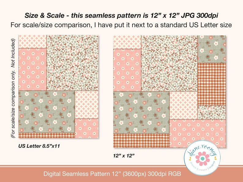 K&ouml;nnte beinhalten: Ein nahtloses digitales Muster mit einem Patchwork-Design aus Blumen-, Vichy- und geometrischen Motiven in Rosa-, Salbeigr&uuml;n- und Terrakottat&ouml;nen. Das Bild enth&auml;lt den Text Size & Scale - this seamless pattern is 12" x 12" JPG 300dpi.