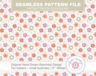 May include: A seamless pattern file featuring hand-drawn flowers in shades of coral, lavender, and sage green on a cream background. The text reads SEAMLESS PATTERN FILE INSTANT DIGITAL DOWNLOAD and Original Hand Drawn Seamless Design For makers + small business | 12” 300dpi.