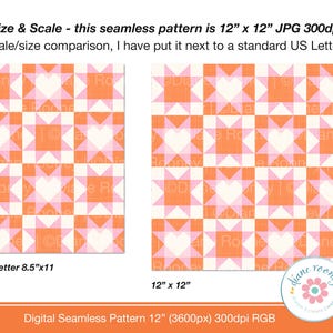 Western Patchwork Seamless Pattern für Stoff Herz Quilt Block Pink Orange Weiß Digital Download Bild 2