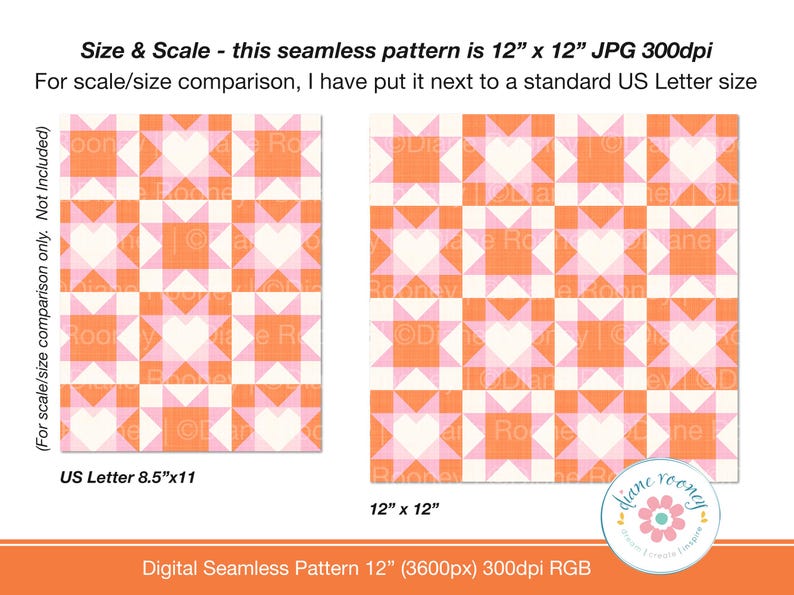 Western Patchwork Seamless Pattern für Stoff Herz Quilt Block Pink Orange Weiß Digital Download Bild 2