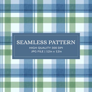 Può includere: Motivo senza cuciture a quadri con quadrati blu, verdi e bianchi. L'immagine include un banner rettangolare con il testo "SEAMLESS PATTERN" e dettagli sul file, comprese le dimensioni di 30,48 cm x 30,48 cm.