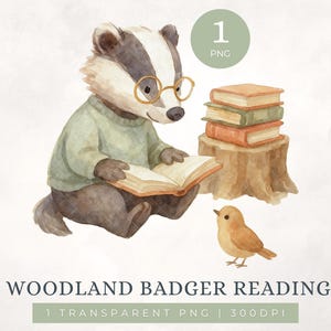 Badger Reading PNG Clipart: Watercolor Woodland Animal Digital Download