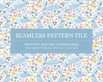 Easter Bunny Seamless Pattern, Spring Floral Fabric (Digital Download)