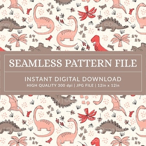 Fun Dinosaur Seamless Pattern for Fabric Dino Seamless File for Kids Boho Doodle Dino Pattern Design for Nursery Pink and Brown Earth Tones