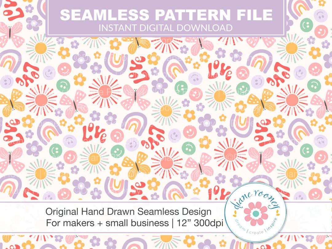 70s Retro Seamless File Rainbows, Flowers Boho Love Pattern for Fabric ...
