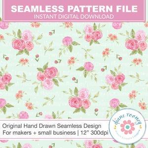 Naadloze patroon met aquarelrozen, roze en groene bloemen (digitale download)