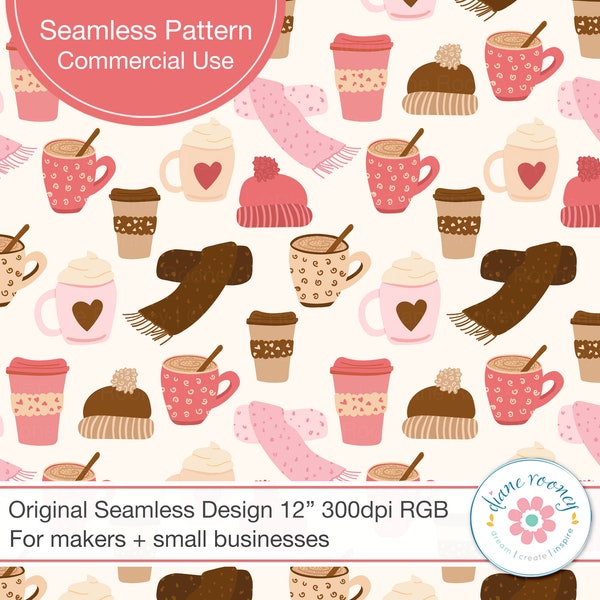 Winter Seamless File for Fabric Hygge Seamless Pattern Digital Download Pink Hats Scarf Coffee Repeating  Pattern Design Commercial Use