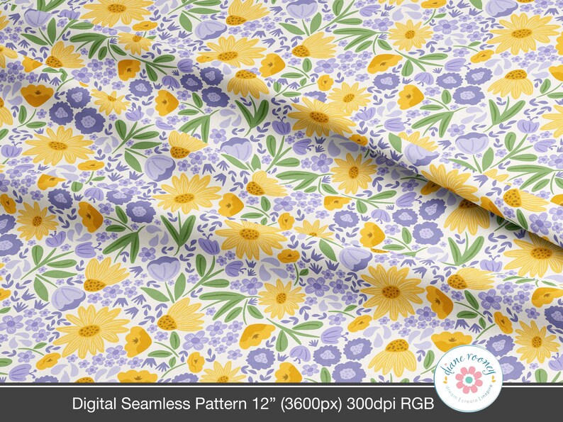 Pattern 53435 Floral Seamless Pattern, Purple Yellow Wildflower Cottagecore Digital ...