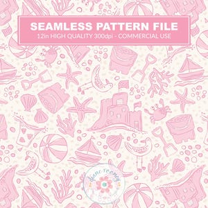 Beach Toile Seamless Pattern Sandcastles Beach Ball Seamless File for Fabric Summer Fun Digital Download Pink Beach Day Repeating Pattern
