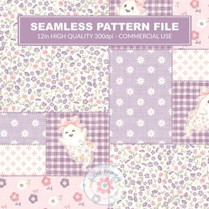 May include: A seamless pattern file featuring a patchwork design of light purple and pink squares. The squares contain illustrations of small ghosts with pink bows, white daisies, and floral prints. Text reads: SEAMLESS PATTERN FILE 12in HIGH QUALITY 300dpi - COMMERCIAL USE.