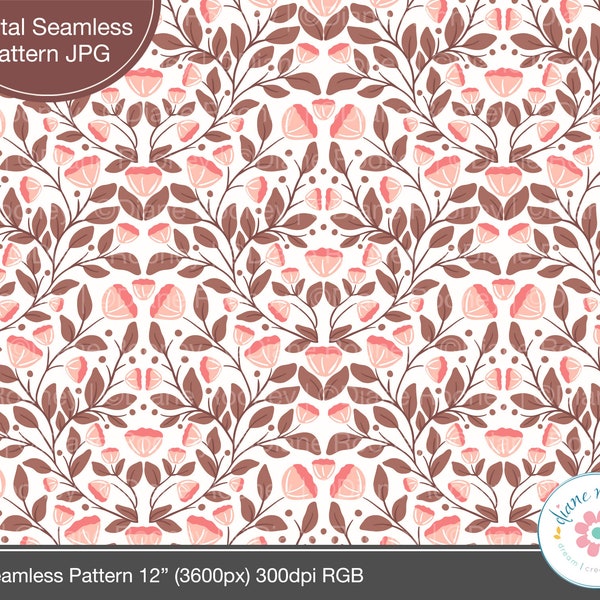 Boho Floral Seamless Pattern, Brown Damask Floral Seamless File, Digital Download, Commercial Use, 70s Retro Seamless Pattern