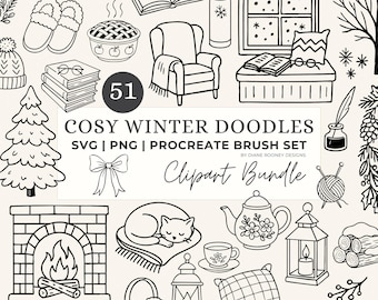 Gezellige Winter Hygge Procreate Brush Stamps Doodle PNG's Line Art SVGs Digitale download