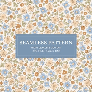 Estampado floral bohemio occidental sin costuras, dulces flores ditsy en tonos azul y marrón apagado para tela de habitación infantil de niñas pequeñas.