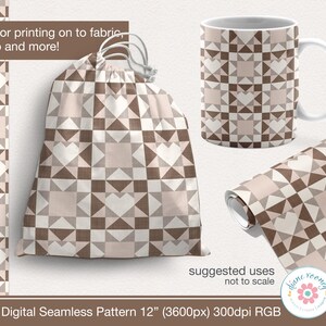 May include: A digital seamless pattern in neutral tones, featuring geometric shapes and heart motifs. The design is displayed on a drawstring bag, a coffee mug, and a roll of fabric. Text on the image reads "Perfect for printing on to fabric, gift wrap and more!"