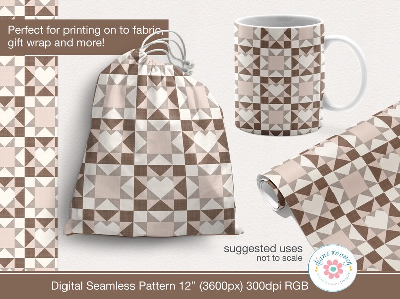 May include: A digital seamless pattern in neutral tones, featuring geometric shapes and heart motifs. The design is displayed on a drawstring bag, a coffee mug, and a roll of fabric. Text on the image reads "Perfect for printing on to fabric, gift wrap and more!"