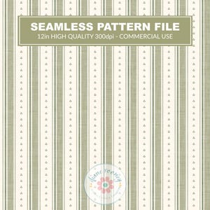 May include: A seamless pattern file featuring vertical sage green and cream stripes with small repeating floral motifs. The image includes the text SEAMLESS PATTERN FILE 12in HIGH QUALITY 300dpi - COMMERCIAL USE and a circular logo with the text diane rooney.
