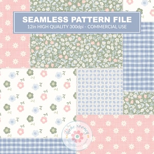 May include: A digital seamless pattern file featuring a patchwork design of floral and gingham prints in soft pink, sage green, and light blue. The text SEAMLESS PATTERN FILE 12in HIGH QUALITY 300dpi - COMMERCIAL USE is centred at the top.